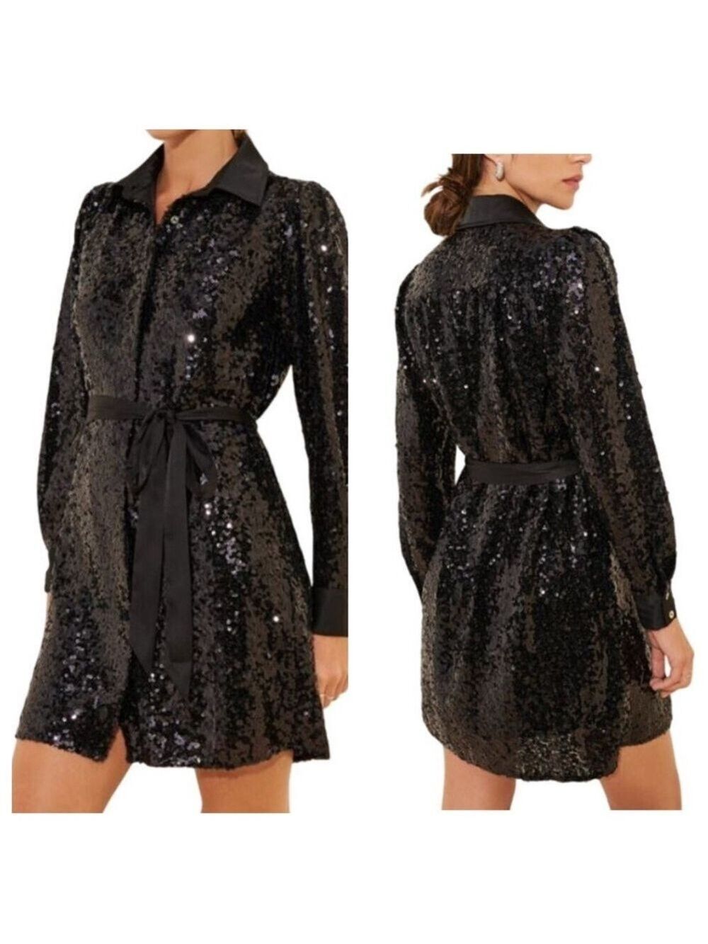 Hutch Black Sequin Satin Collar Tie Waist Mini Shirt Dress Size Small NWT